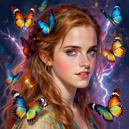 colorful butterflies, build a portrait of emma watson, intricate, vibrant colors, glowing light, ambient lightning, digital painting, highly detailed, ray tracing, artstation, concept art, smooth, sharp focus, illustration, art by artgerm and greg rutkowski and alphonse mucha, 8 k