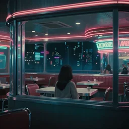 vertical movie frame portrait of girl in 6 0's retro diner interior, neon - decorated urban on night in the city seen through the window, modern interior design, architectural design, vintage, night blade runner, dark, postapocalyptic, clean lines, 4 k, octane, miyazaki film, lunarcore city seen at distance outside, big windows, octane, wide angle