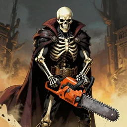 A Skeleton King holding a chainsaw. comic concept illustration. colorized. HD. 16k resolution HD HDR