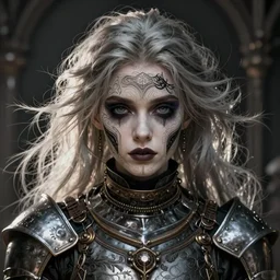 beautiful and gothic and evil and dieselpunk young medieval female knight portrait +smoky eyes+front face with light flowing hair, ultradetail face, art and illustration by tian zi and craig mullins and WLOP and alphonse mucha, fantasy, intricate complexity, human structure, human anatomy, fantasy character concept,  watermark, blurry, hyperrealism 8k