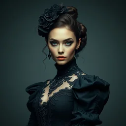 portrait of beautiful female model, perfect symmetrical pose, sharp, by irakli nadar with intricate detailed wearing victorian dress designed by alexander mcqueen and rocky gathercole, haunting, elite, elegant, ruan jia, dark, hyper detailed, concept art, by gustav klimt