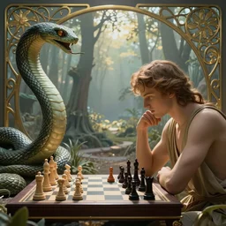 Adam and Eve playing chess, while the serpent watches. Art nouveau