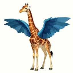 giraffe with big blue feathered dragon wings on its back, full body shot, wings, by studio ghibli