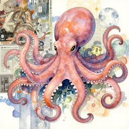 octopi artwork by yoshitaka amano, watercolors background, collage, mixed media, magazine cover