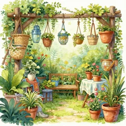 hanging cluttered garden illustration intricate