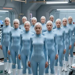 troop of identical athletic female clones in formation, white hair, tight light blue neopren suits, in rows, futuristic chemistry lab, sci - fi, highly detailed, cinematic