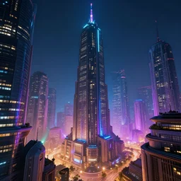 low angle colorful photograph of a futuristic city, science fiction, night lights, beautifully lit buildings, mystic hues, distant, sharp focus, volumetric lights, digital art, RTX, hyperrealistic, cinematic, acid pixie, by lee madgwick