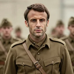 promotional image of Emmanuel Macron as an army soldier in 1917 (2019 film), detailed face, movie still, promotional image, imax 70 mm footage
