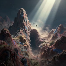 a fractal psychedelic mountain reaching from a void and dissolving, a single machine elf in the distance, the fabric of reality poking through the edges, magical clearing, sunshafts, dramatic lighting, dust motes floating in the sunlight, psychedelic 4 k concept art