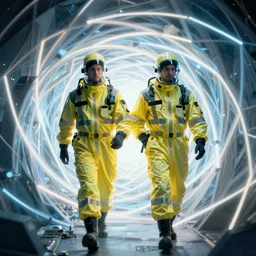 two scientists wearing high viz rick owens hazmat suits with their hands in their pockets escaping the glowing geometric vortex by frank frazetta. rim lighting. glowing neon lights.