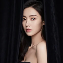close up portrait photography of beautiful female model body behind black curtains