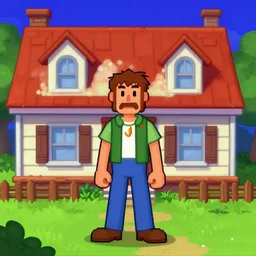main player character standing in front of a house, from a space themed lucasarts point and click 2 d graphic adventure game, art inspired by thomas kinkade