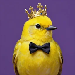 an elegant yellow bird!!!! wearing a crown and a bow tie, purple background, very beautiful, artstation, high quality, sharp, hyperrealistic, dramatic lighting, loose brush strokes, by greg rutkowski, by artgerm, by alphonse mucha