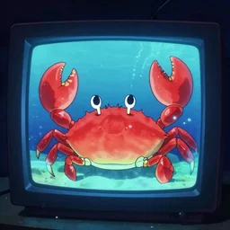 cute anime - crab underwater, in 2 0 1 2, bathed in the the glow of a crt television, crabcore, low - light photograph, photography by tyler mitchell