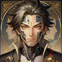 symmetry!! hanzo from overwatch, computer parts embedded into face, intricate, elegant, highly detailed, digital painting, artstation, concept art, smooth, sharp focus, cyberpunk, illustration, art by artgerm and greg rutkowski and alphonse mucha, 8 k