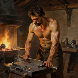 muscular sweaty male blacksmith, forgehouse painting by j. c. leyendecker, tom of finland