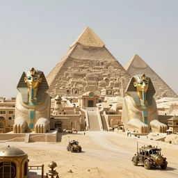 a scene of a beautiful intricate epic futuristic pharaoh city with cyber pyramids and neo sphynx with steampunk vehicles taken from a distance, minimalist, cinematic lighting