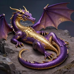 a purple and gold dragon laying on its back, relaxing dragon