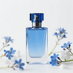 blue perfume standing in white enchanted sparse blue flowersup close shot, sharp focus, zen, clean, modern minimalist, vogue octane highly render, 4 k, ultra hd,