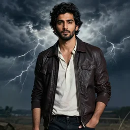 the handsome avan jogia, thunderstorm background by alphonse mucha