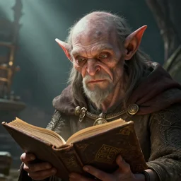 highly detailed closeup portrait of a medieval goblin reading a spellbook, stephen bliss, unreal engine, greg rutkowski, ilya kuvshinov, ross draws, hyung tae and frank frazetta, tom bagshaw, tom whalen, nicoletta ceccoli, mark ryden, earl norem, global illumination, god rays, detailed and intricate environment