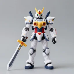 a crochet mecha, holding a sword, realistic, no cropping, full body, Sigma 50 mm f/1.4