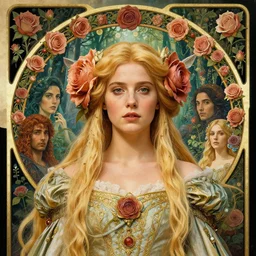 new art nouveau closeup portrait of fantasy flower vargas princess emilia clarke wearing a royal dress in an magic forest, anna dittmann, moebius, wlop, artgerm, patrick nagle!!!, charlie bowater and loish. long windblown blonde hair, ultrasharp focus, dramatic lighting, rose arches, octane, matte painting, intricate, d & d, poster