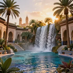 beautiful oasis waterfalls surrounded by palm trees moroccan tile archways, date trees, ivory towers sunset peter morbacher ross tran angelarium greg rutkowski alchemy luxury heavenly light soft illumination, trending on artstation cinematic lighting digital painting octane render, artgerm