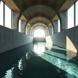 a recording of a liminal concrete pathway, straight concrete walls, arcs, indoors, bright windows, perspective, stretching to infinity, flooded with clear pool water, rays of sunlight, hazy, very detailed, realistic