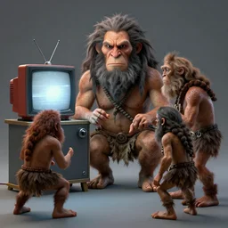photorealistic portait of cavemen worshipping a television, trending on artstation, ultra detail, photorealistic, fine detail, cgi, zbrush, global illumination, studio lighting