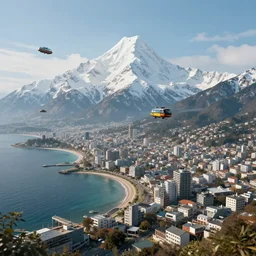 A coastal city near some snow-capped mountains, sci-fi, 8k photorealistic, flying traffic in the sky
