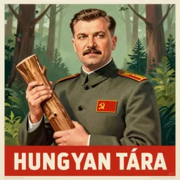 soviet poster of hungarian politician, holding a wood piece, forest in background