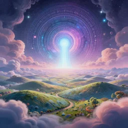 a psychedelic realm with rolling plains made out of clouds, and a giant portal covered in runes that leads into the multiverse, in the style of wlop, illustration, epic, fantasy, hyper detailed, smooth, unreal engine, sharp focus, ray tracing