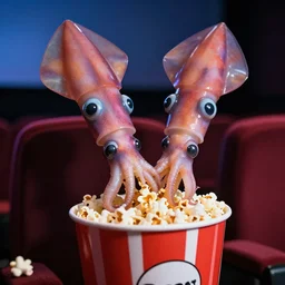 hyper realistic, two headed squid eating popcorn at the cinema
