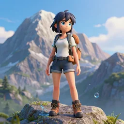 a 3 d film animation still portrait of a adventurer hiker girl atop a big mountain, finely detailed features, water, sun, gapmoe yandere grimdark, trending on pixiv fanbox, painted by bill presing, takashi takeuchi, pixar, gaston bussiere, craig mullins
