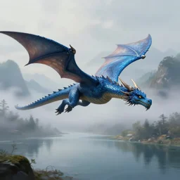 a blue dragon flying over lake, fog, mountains in background, detailed digital painting, trending artstation