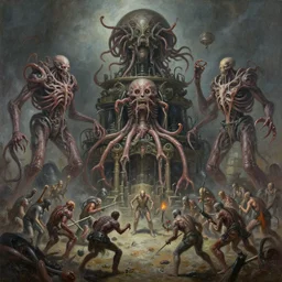 oil paint of 1 1 horrifying machines as mollusk terrors wearing flayed gods in tiers, colossal medical gangrene machines in tiers, dethroning / we machines / melee, battle pit, by shigeru komatsuzaki, by alberto bontempi, basil gogos, wayne d barlowe, stefano tamburini, torch light, muted colors, epic, hyper