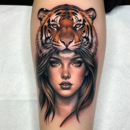 tattoo design of a beautiful girl face, above the girls head there is a tiger, hyper detailed, in the design of eliot kohek