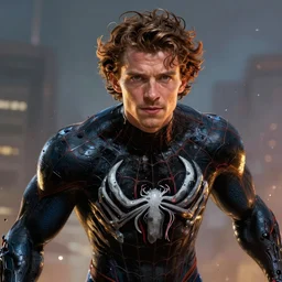 a portrait of tom hollands spiderman being infected by venom, artwork, art station, concept art, realistic, accurate