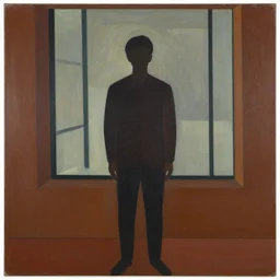 A painting of person standing in front of a window, abstract painting in the style of Sophie Taeuber-Arp and Gary Hume and Tatsuro Kiuchi, flat colour-block style, geometric abstraction, deep earthy colours