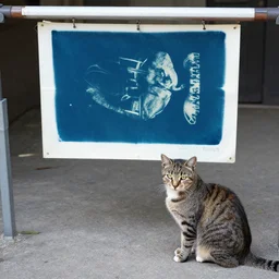 a cat that is sitting on the ground, a silk screen by josef jackerson, featured on flickr, fluxus, cyanotype, ambrotype, calotype