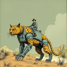 a man is riding a large mechanical cat. illustration by edward gorey