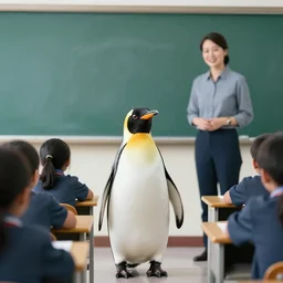 A photo of a penguin as a teacher