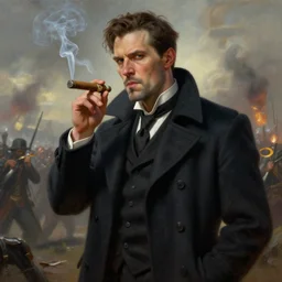 a epic portait of a man wearing a dark formal overcoat and smoking a cigar with a battlefield in the background, portait photo, hyperrealistic, concept art, digital art, high quality, highly detailed, fantasy style, dramatic lighting, 8k hdr, oil painting, epic image, path tracing, badass pose, complementary colors, realistic face, defined face