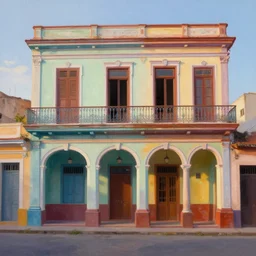 beautiful painting of cuban houses and storefront without characters, colonial architecture, intricate and smooth colors, front view, trending in artstation, colorful octane render, dawn light, art style by robh ruppel