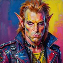 vincent price as an apocalyptic scifi orcish biker character, psychedelic vibrant colors, futuristic punk rock fashion, oil painting by michael whelan art, perfect face, sharp focus, detailed eyes, realistic, 8 k