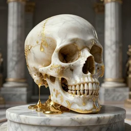 beautiful 3 d render of a skull dripping liquid onyx by billelis + gold and marble sculpture + gold filigree + kintsugi, on a marble pedestal, moody, dramatic, marble columns in background, transcendent, clean linework, finely detailed, 4 k, trending on artstation, photorealistic, volumetric lighting, octane render