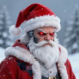 portrait of santa, cyborg, angry, red glowing eyes, christmas snow, artstation, by ross tran, by greg rutkowski