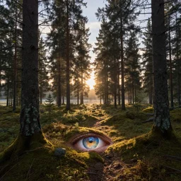 sunrise nordic forest, sparkling spirits, detailed wide shot, crayon, ground detailed, wet eyes reflecting into eyes reflecting into infinity, beautiful lighting