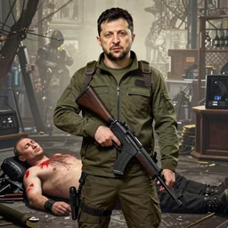 Detailed portrait of Volodymyr Zelensky close to reality in 2022, in game style 8k in a detailed costume of an assassin from a computer game of an assassin, on a detailed background Vladimir Putin is lying on the ground with a bare torso smeared with red paint, a detailed background,